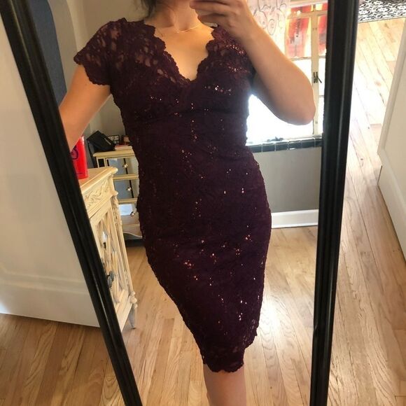 MARINA Sequin Lace Stretch Cocktail Dress Mini Vneck Purple Size 6 - Picture 1 of 7